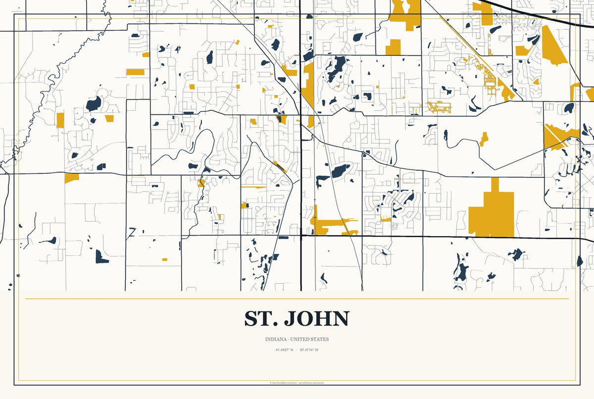 St. John, Indiana City Map Aluminum Sign in Citrine Modern style