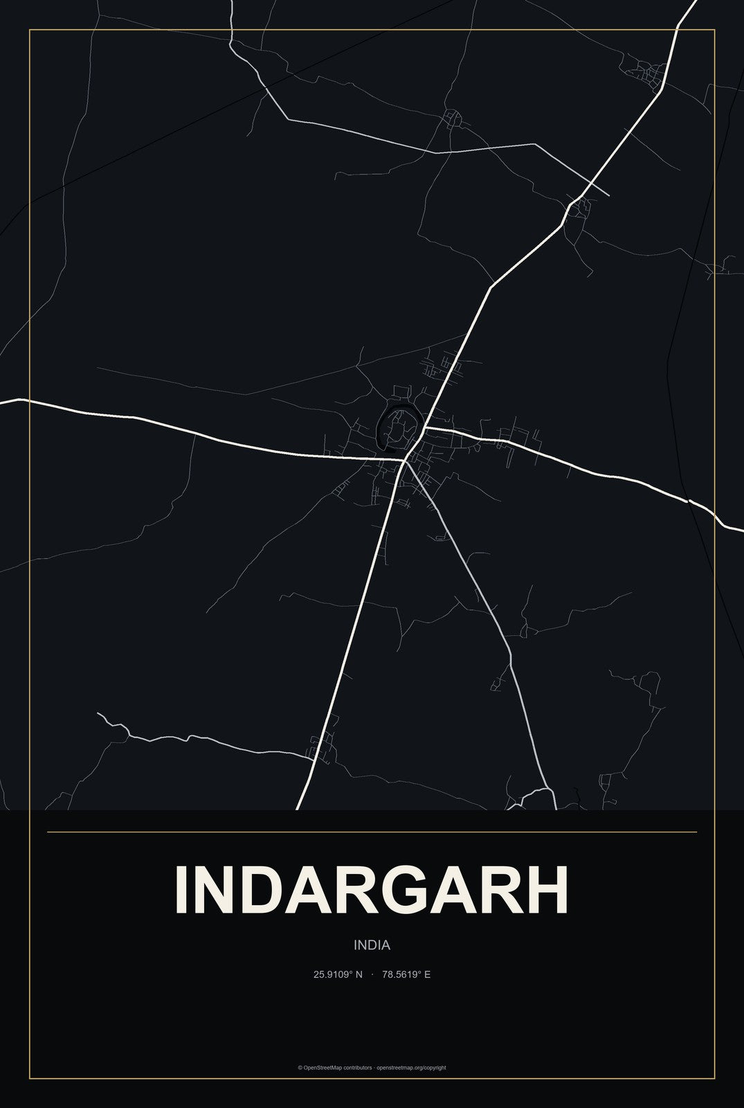 Indargarh, India City Map Aluminum Sign in Metropolitan Noir style