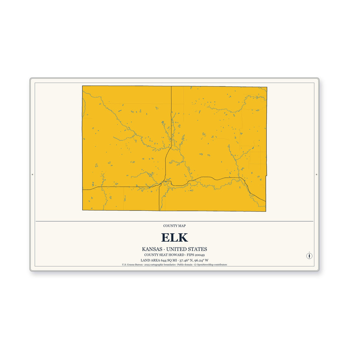 Elk County, Kansas Map Aluminum Sign in Citrine Modern style