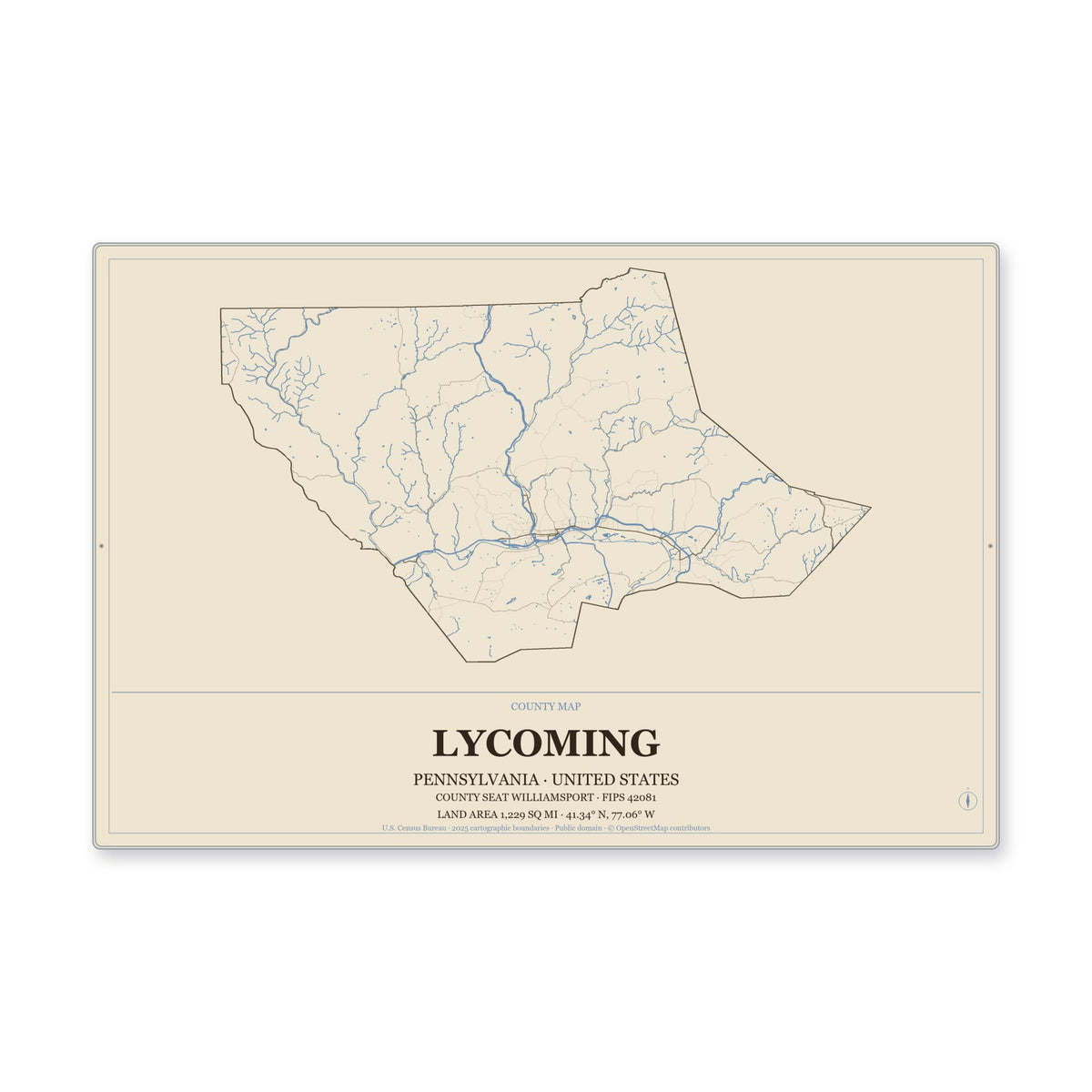 Lycoming County, Pennsylvania Map Aluminum Sign in Heritage Nautical style