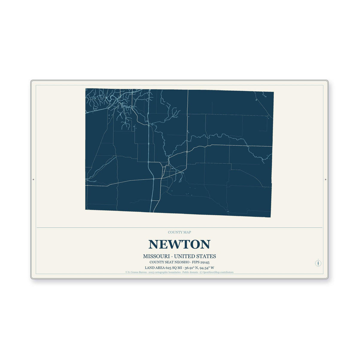 Newton County, Missouri Map Aluminum Sign in Coastal Cutout style