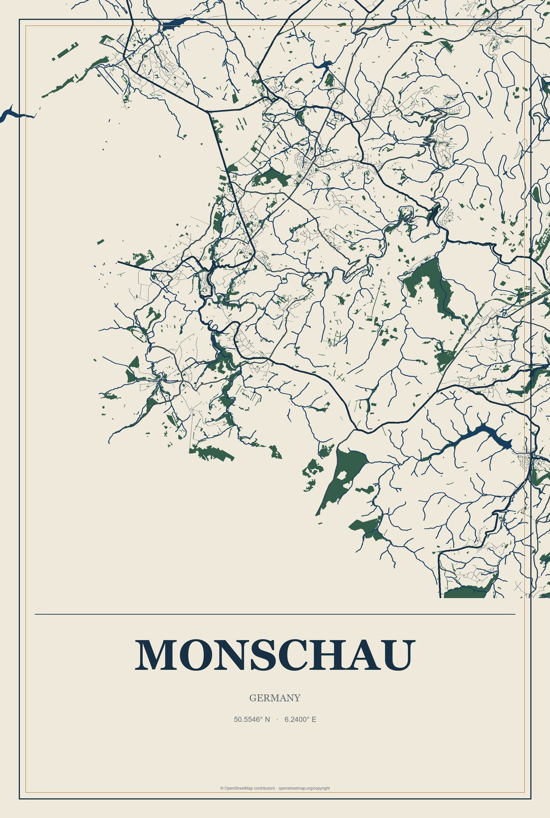 Monschau, Germany City Map Aluminum Sign in Coastal Cutout style