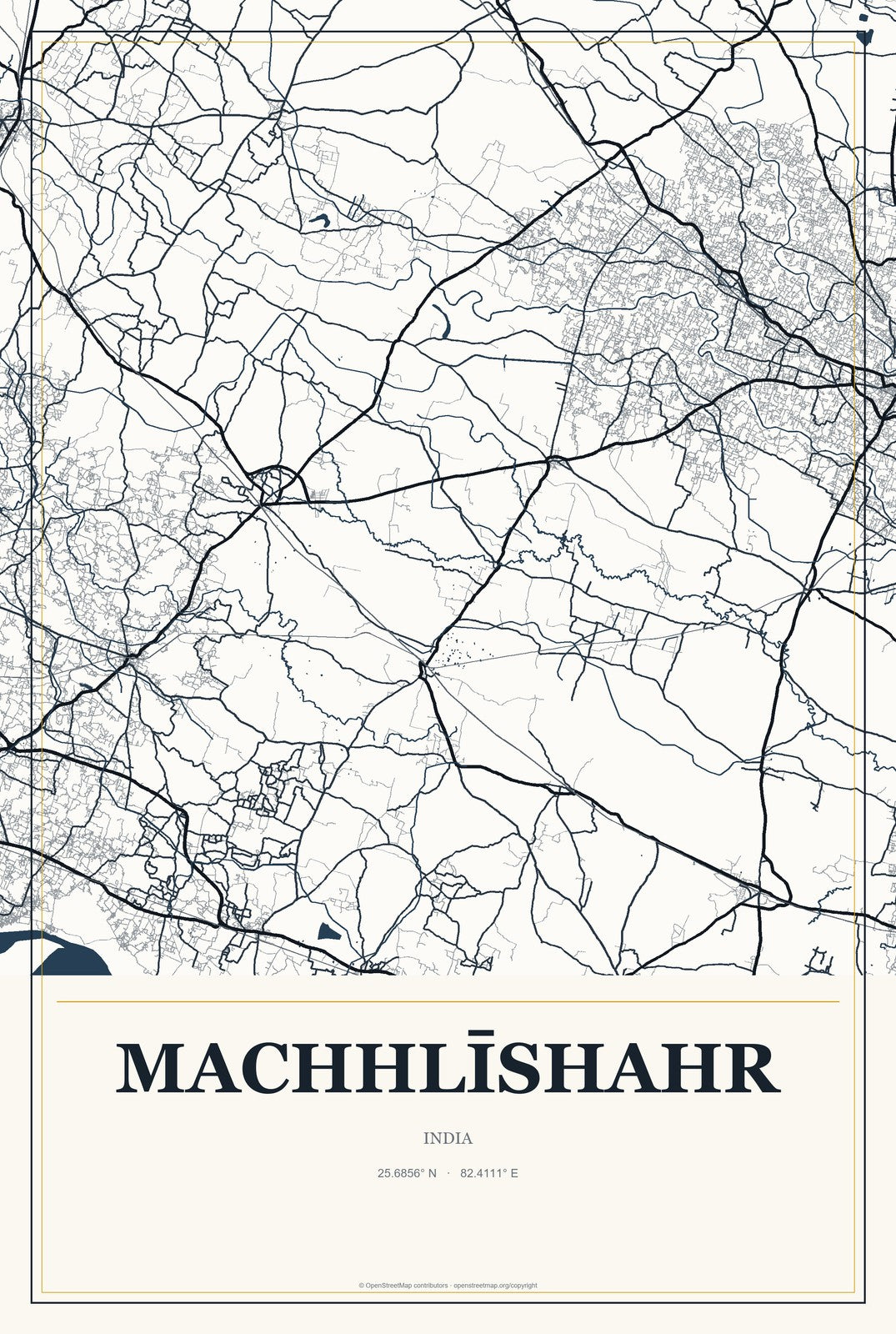 Machhlīshahr, India City Map Aluminum Sign in Citrine Modern style
