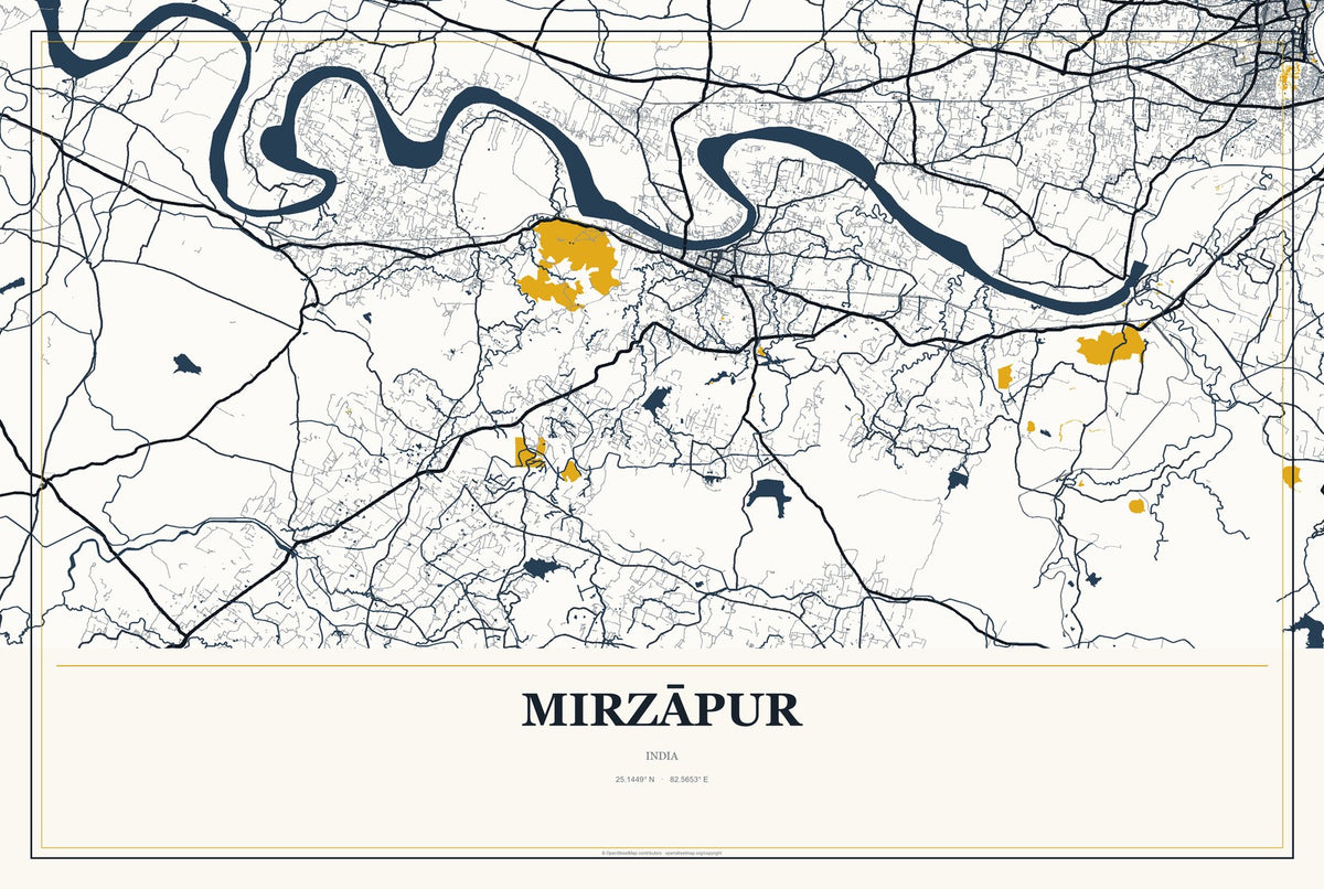 Mirzāpur, India City Map Aluminum Sign in Citrine Modern style