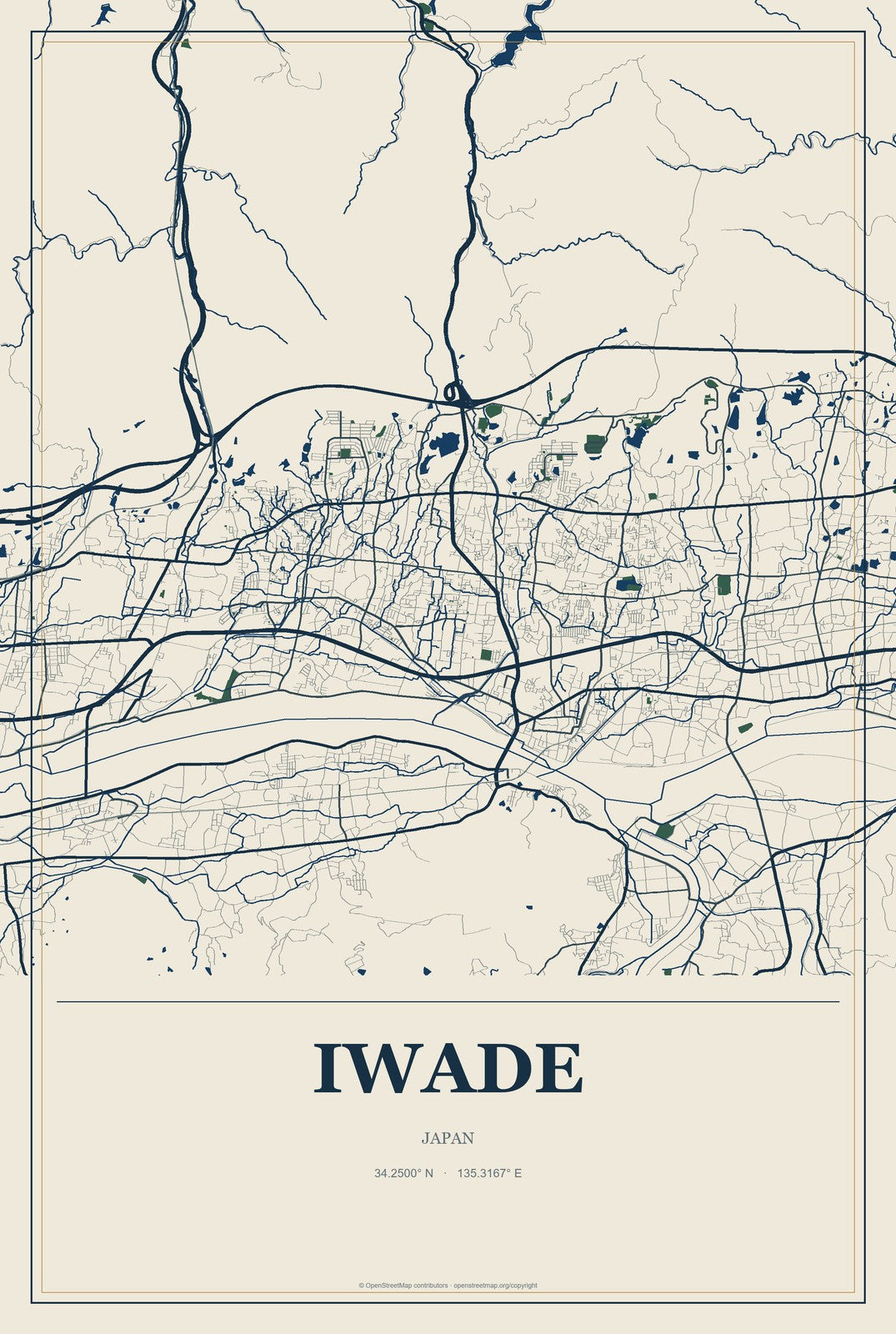Iwade, Japan City Map Aluminum Sign in Coastal Cutout style