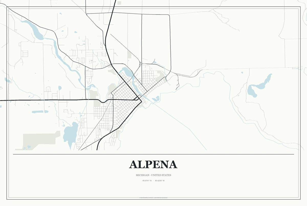 Alpena, Michigan City Map Aluminum Sign in Gallery Air style