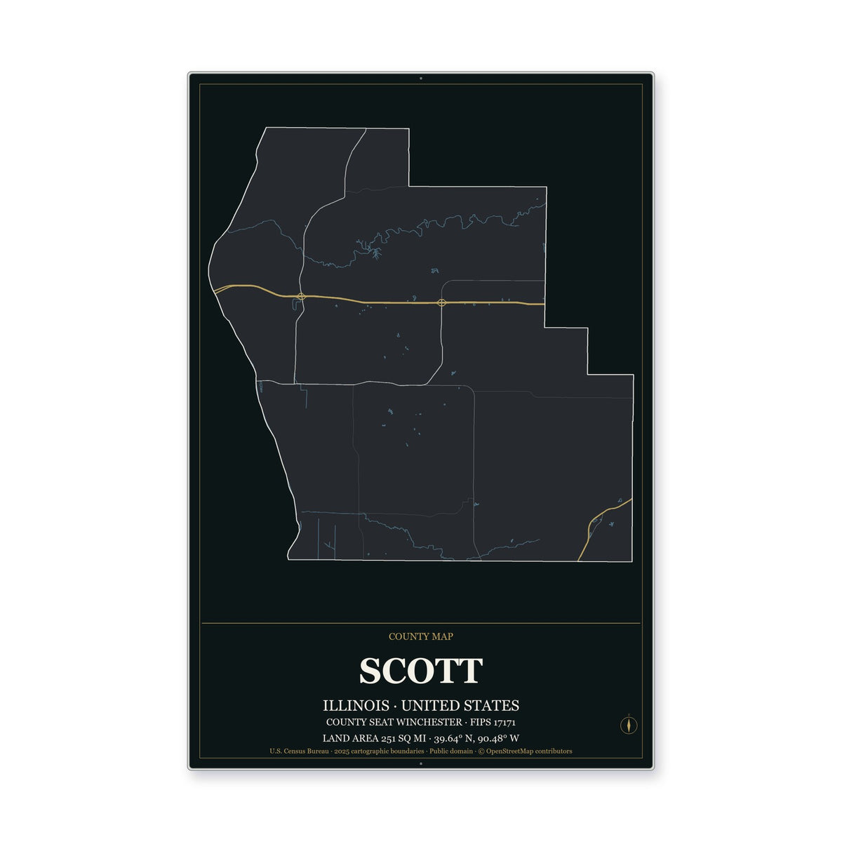 Scott County, Illinois Map Aluminum Sign in Metropolitan Noir style