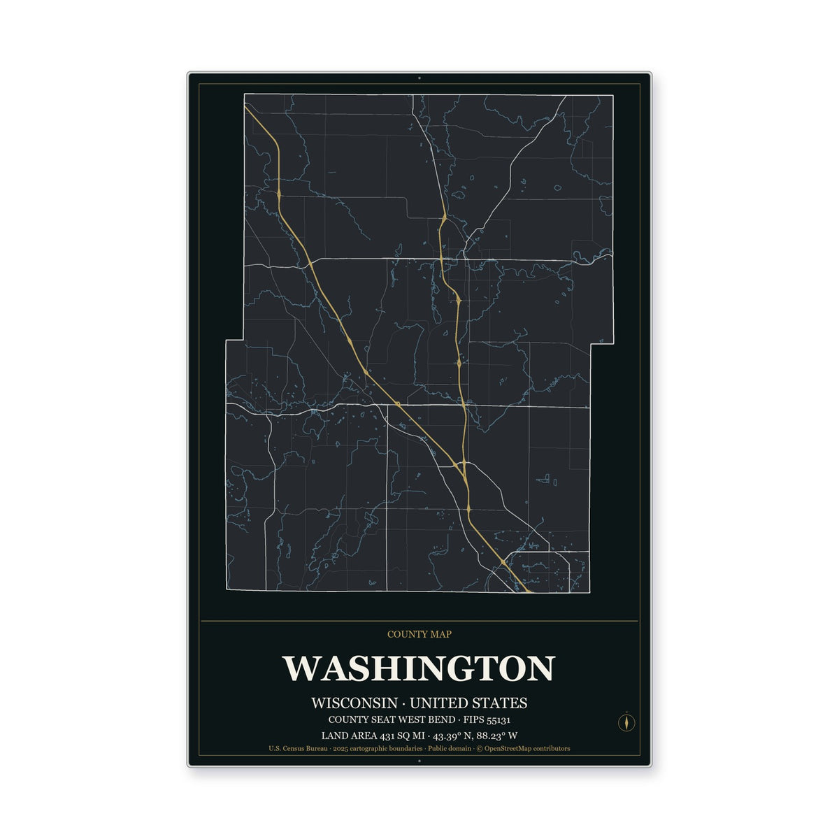 Washington County, Wisconsin Map Aluminum Sign in Metropolitan Noir style