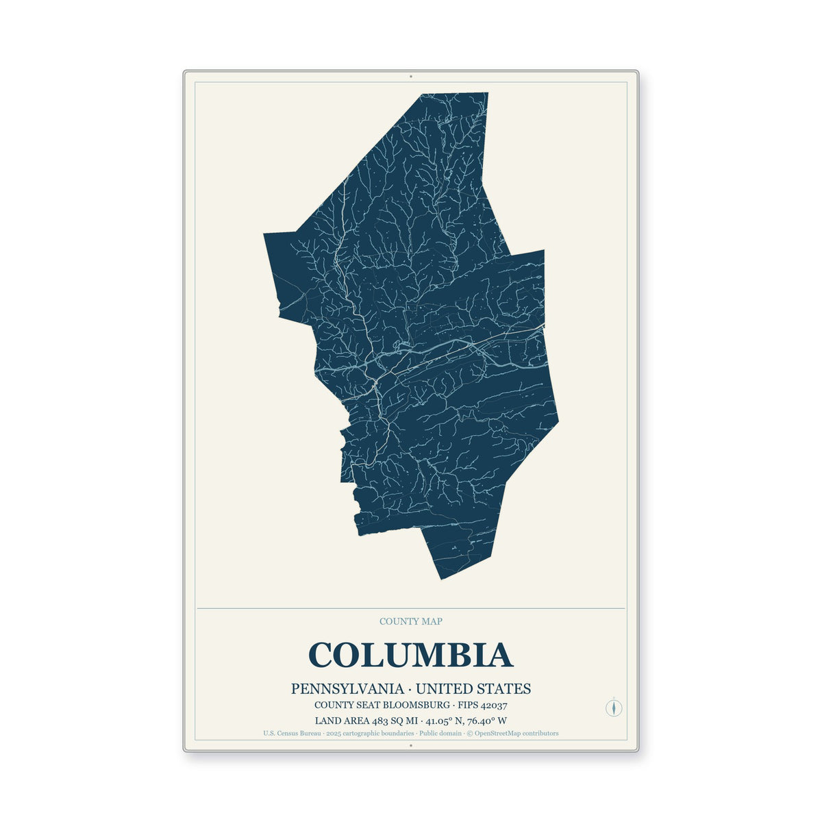 Columbia County, Pennsylvania Map Aluminum Sign in Coastal Cutout style