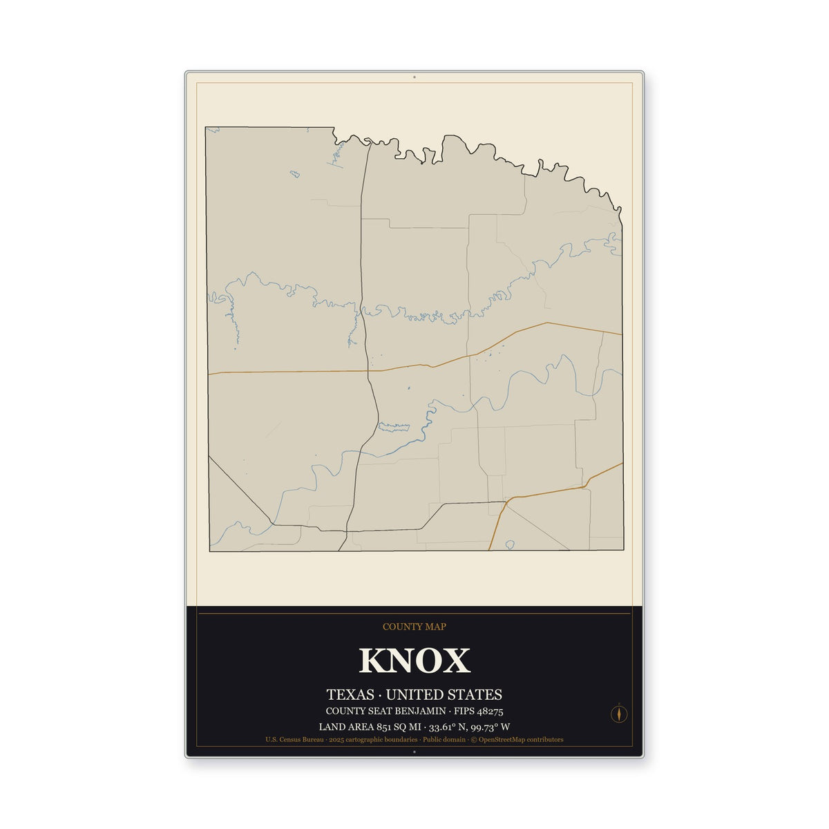 Knox County, Texas Map Aluminum Sign in Museum Plaque style
