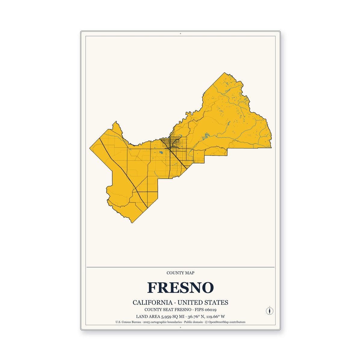 Fresno County, California Map Aluminum Sign in Citrine Modern style