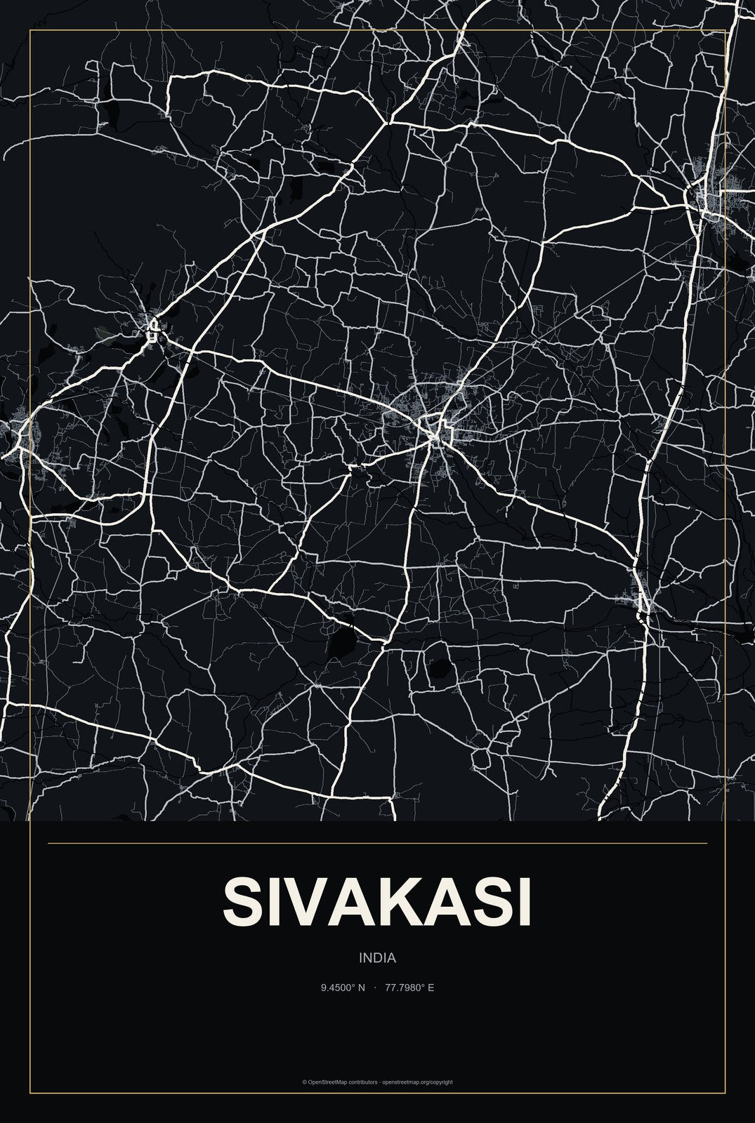 Sivakasi, India City Map Aluminum Sign in Metropolitan Noir style