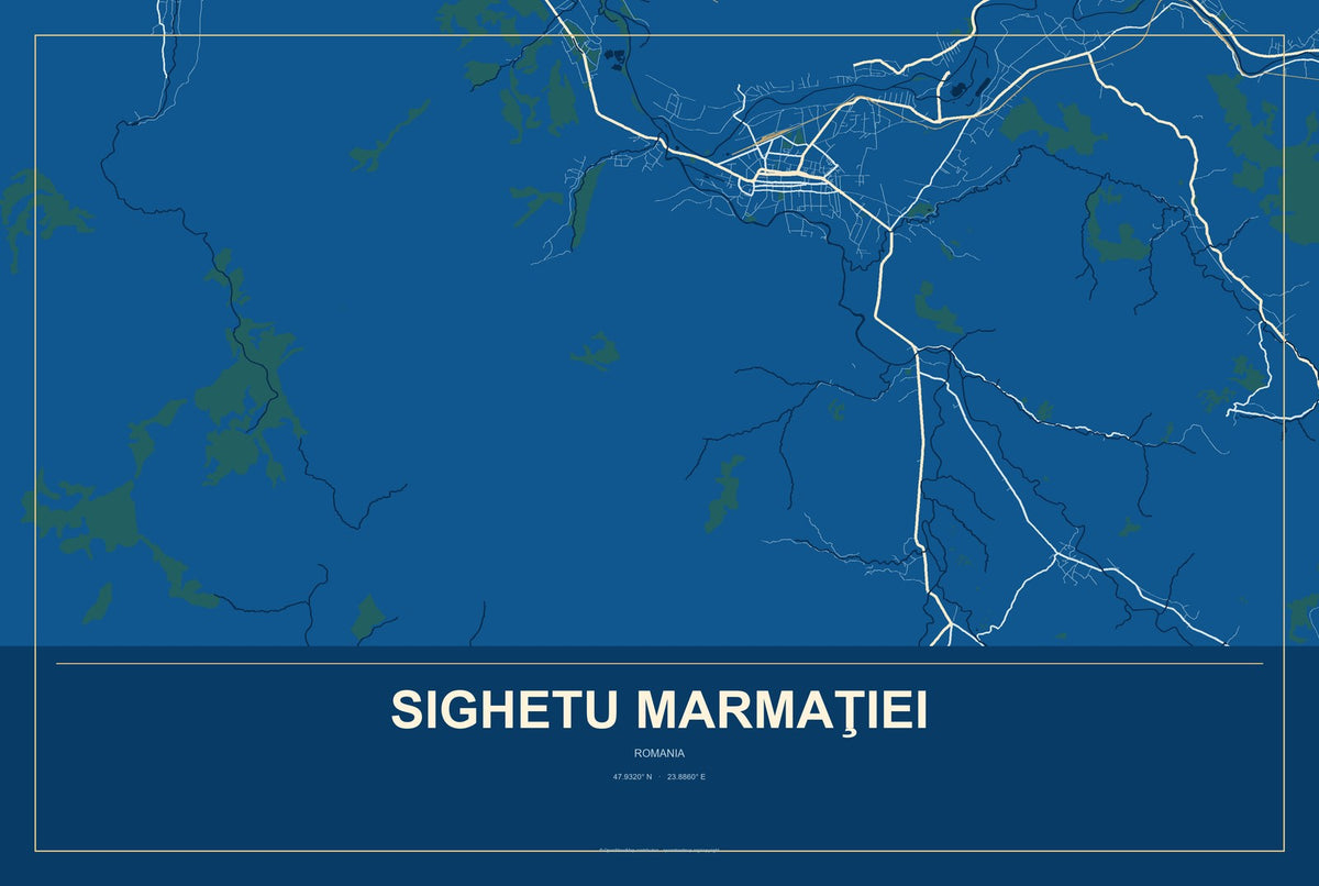 Sighetu Marmaţiei, Romania City Map Aluminum Sign in Harbor Cobalt style