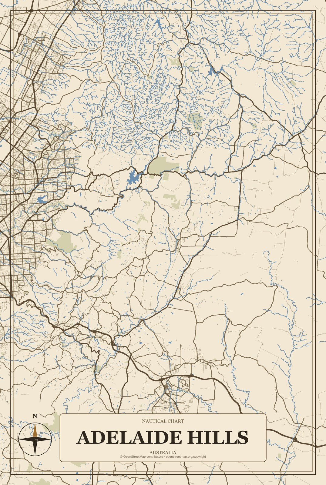 Adelaide Hills, Australia City Map Aluminum Sign in Heritage Nautical style