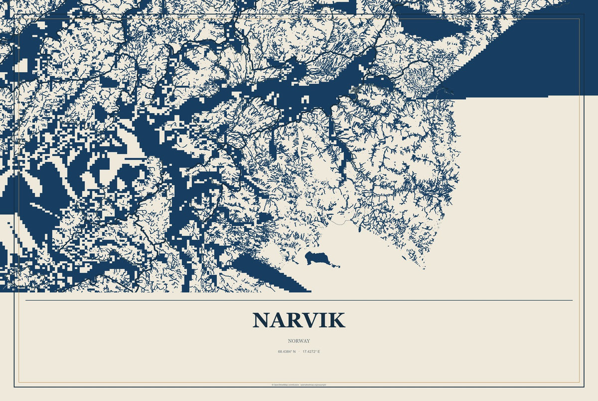 Narvik, Norway City Map Aluminum Sign in Coastal Cutout style