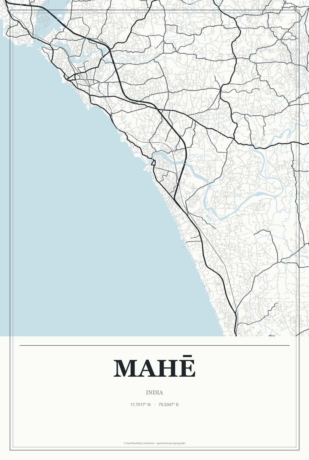Mahē, India City Map Aluminum Sign in Gallery Air style