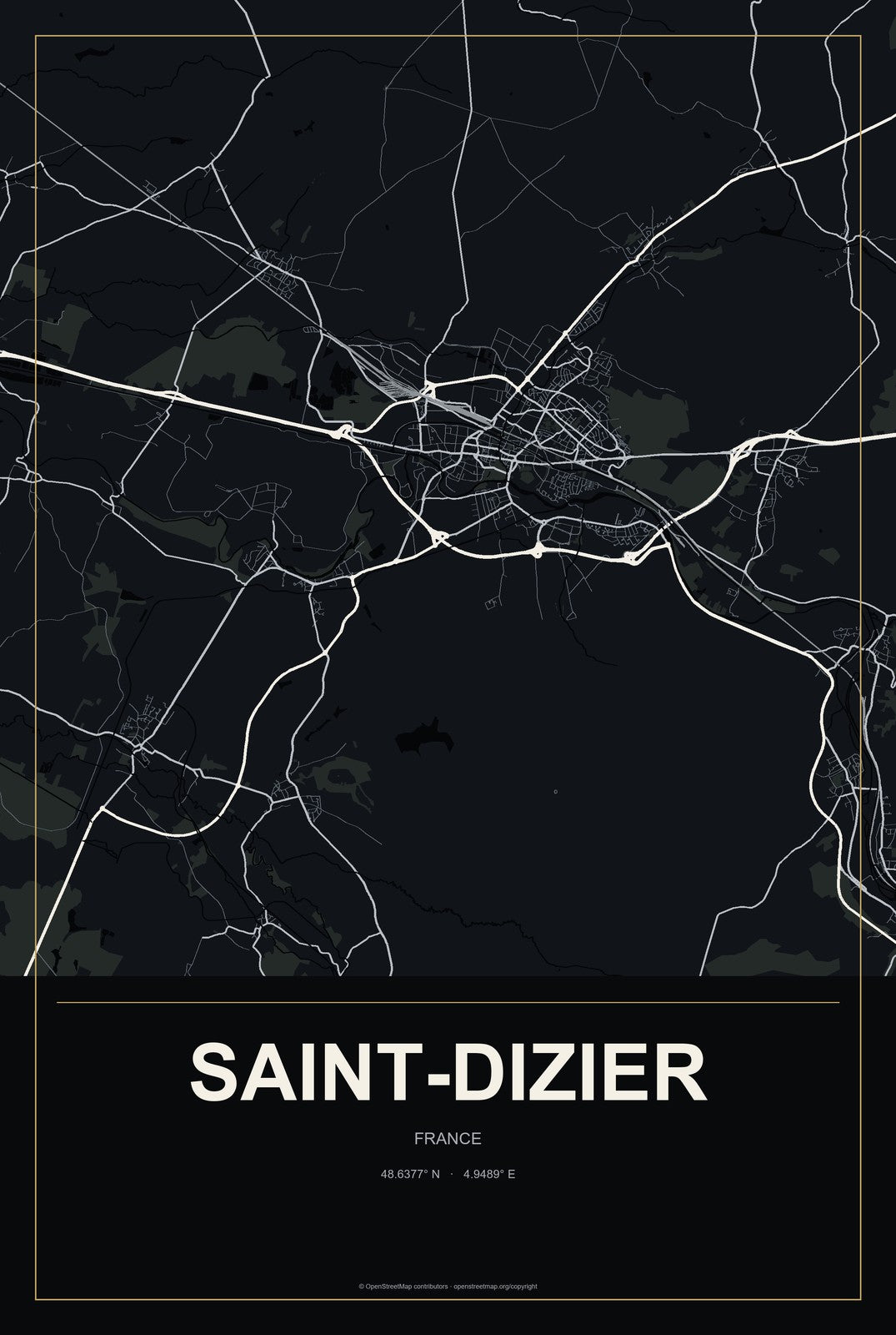 Saint-Dizier, France City Map Aluminum Sign in Metropolitan Noir style