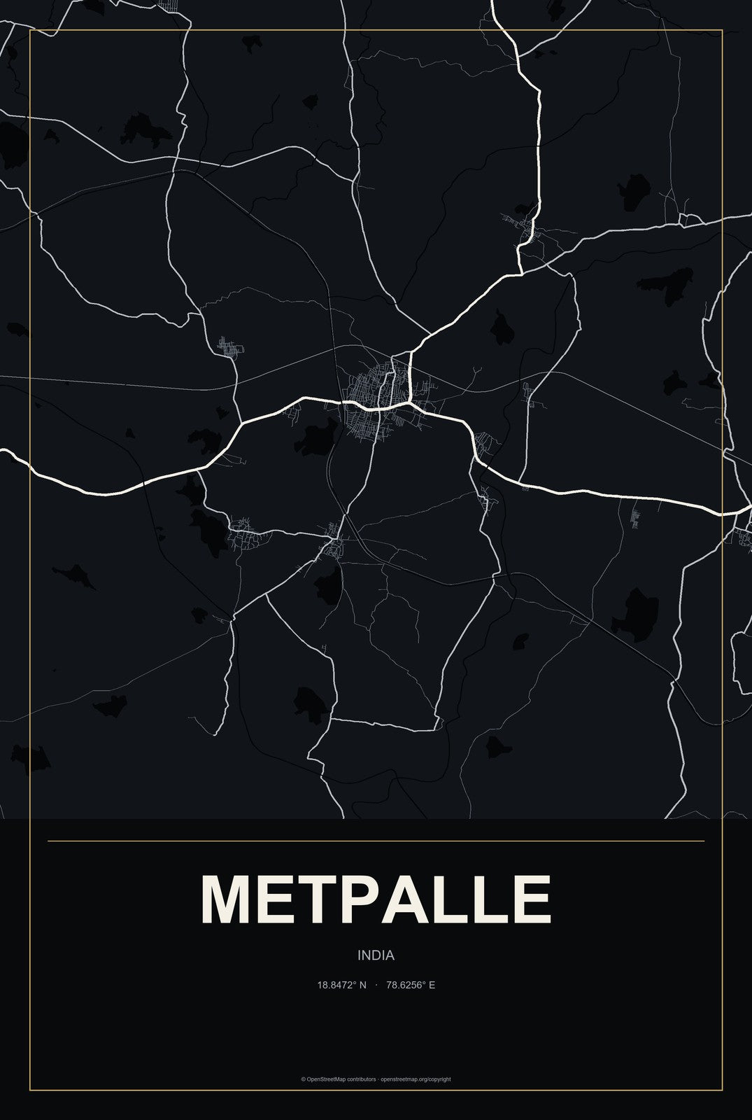 Metpalle, India City Map Aluminum Sign in Metropolitan Noir style