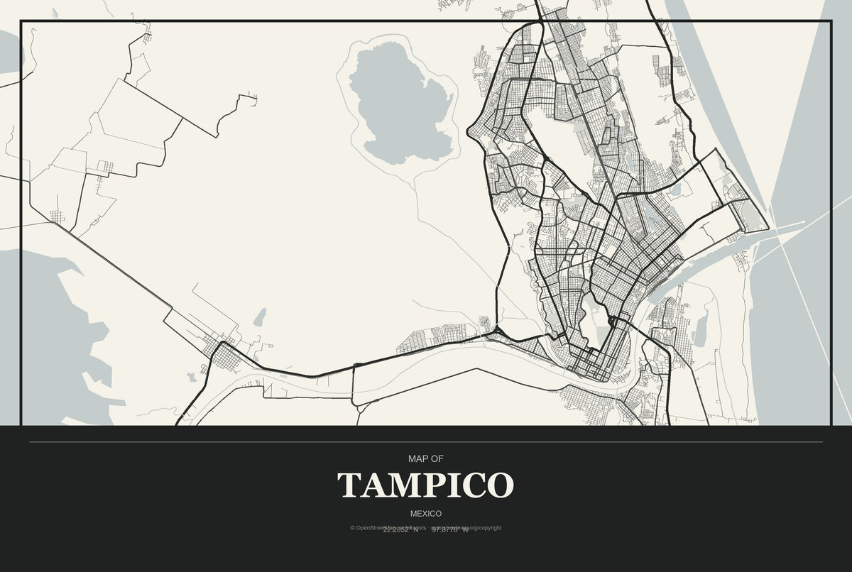 Tampico, Mexico City Map Aluminum Sign in Museum Plaque style