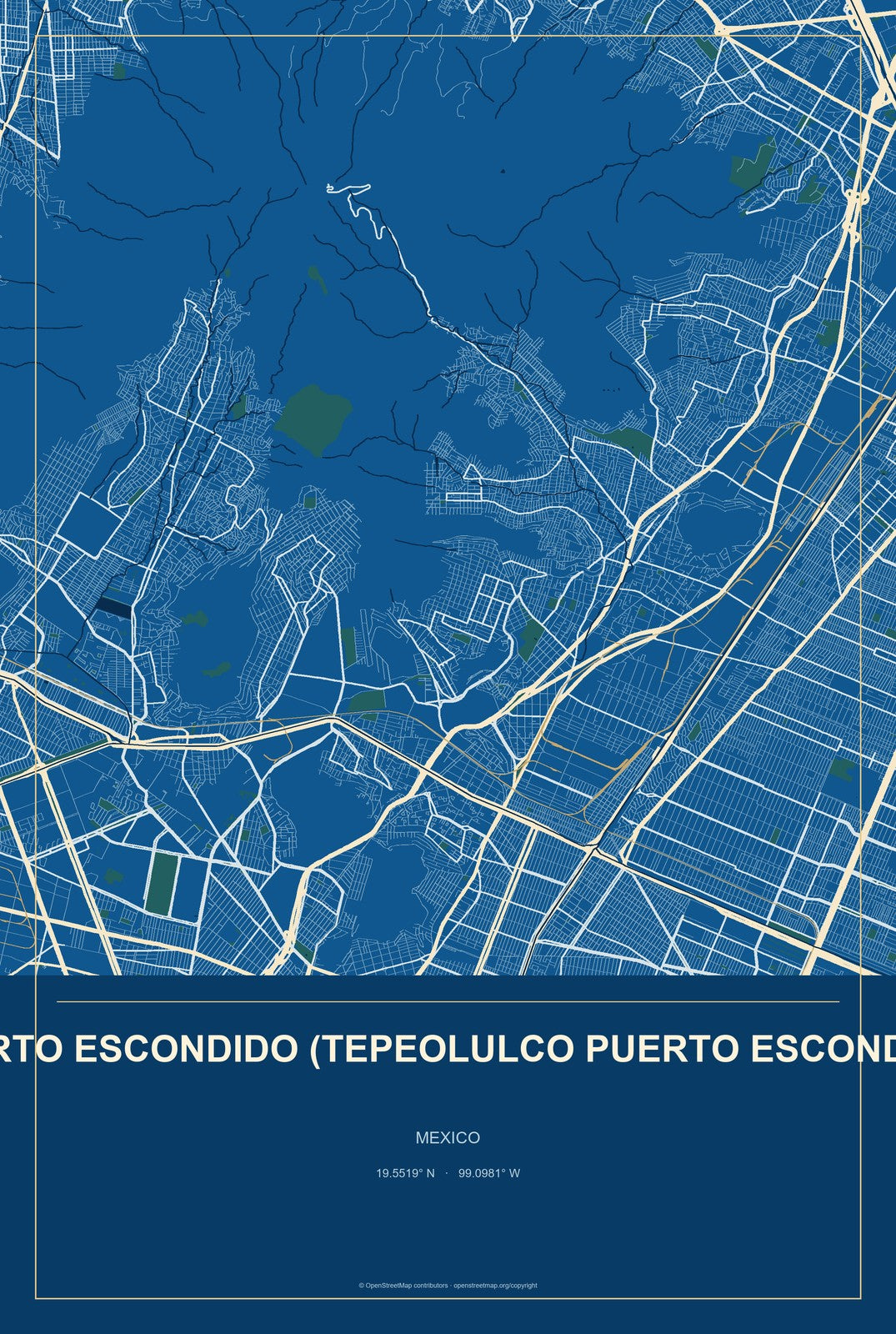 Puerto Escondido (Tepeolulco Puerto Escondido), Mexico City Map Aluminum Sign in Harbor Cobalt style