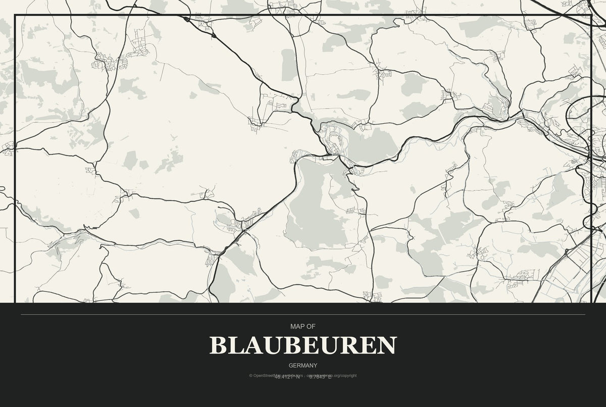 Blaubeuren, Germany City Map Aluminum Sign in Museum Plaque style