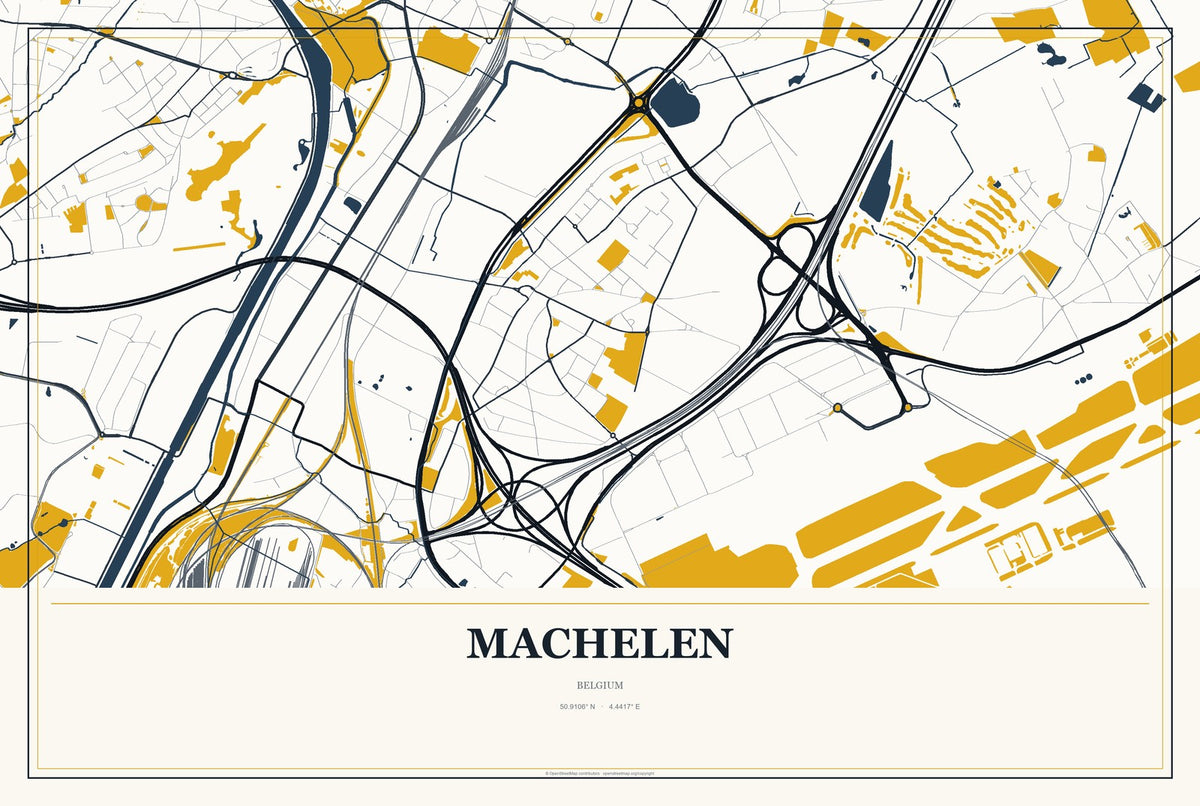 Machelen, Belgium City Map Aluminum Sign in Citrine Modern style