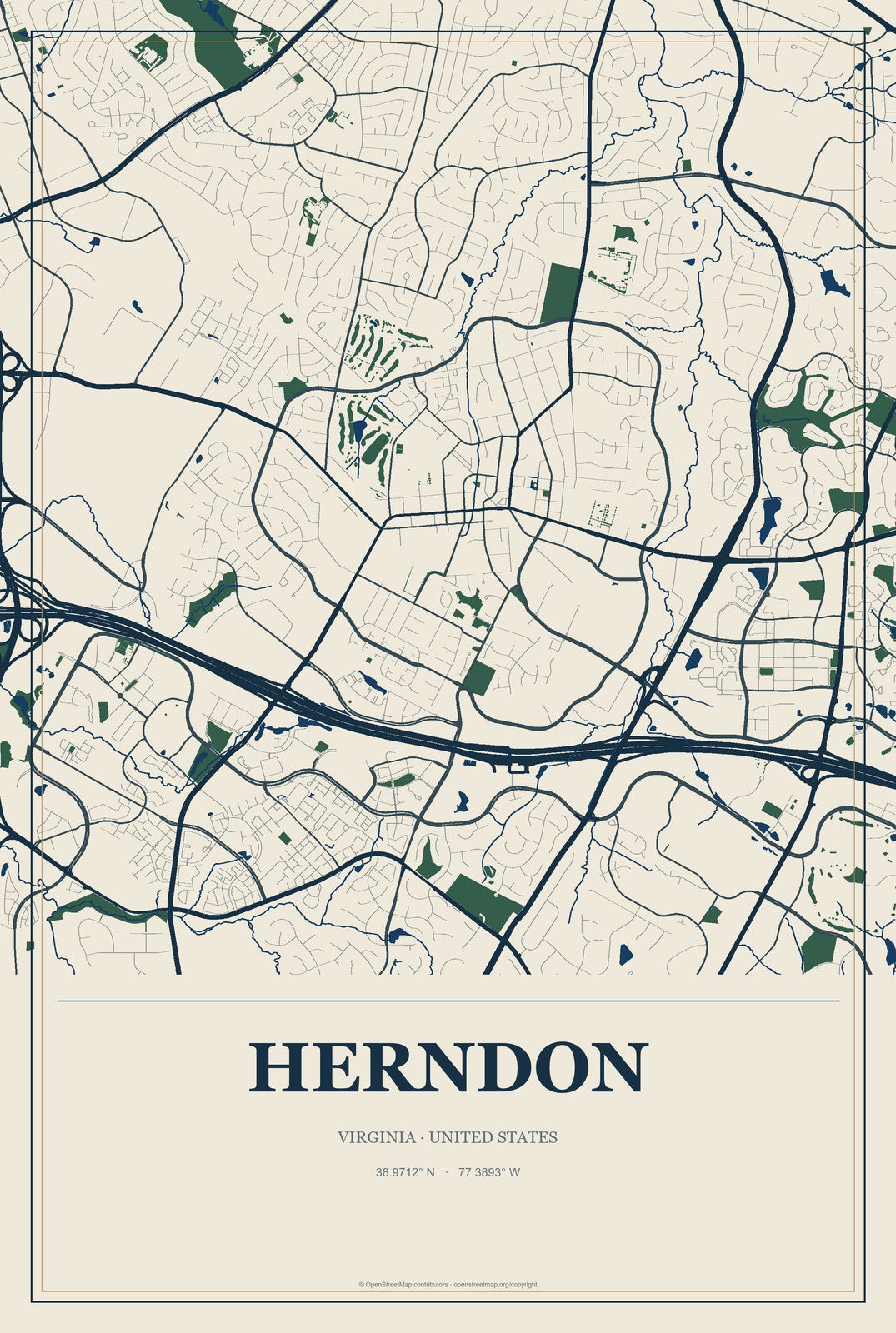 Herndon, Virginia City Map Aluminum Sign in Coastal Cutout style