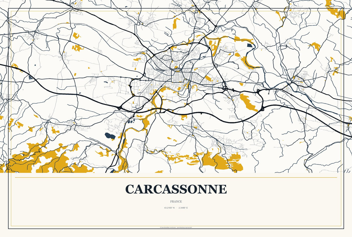 Carcassonne, France City Map Aluminum Sign in Citrine Modern style