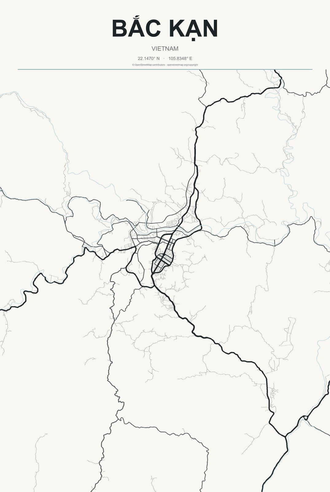 Bắc Kạn, Vietnam City Map Aluminum Sign in Headline Atlas style