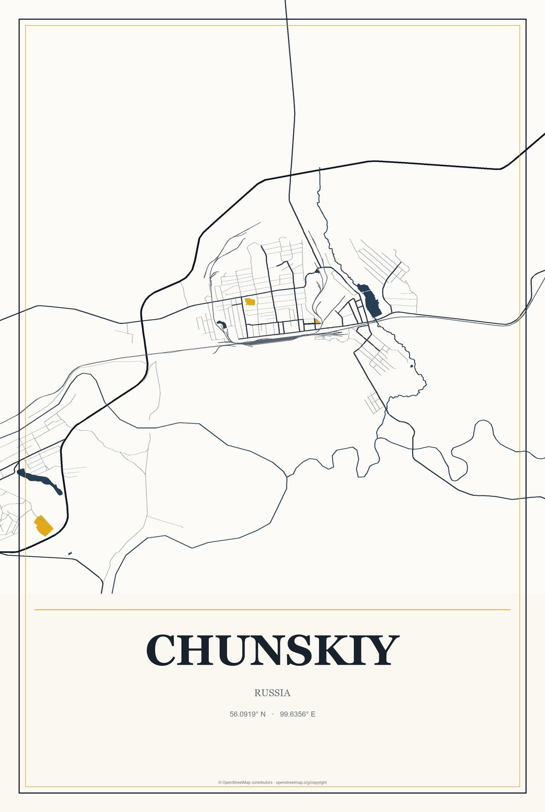 Chunskiy, Russia City Map Aluminum Sign in Citrine Modern style