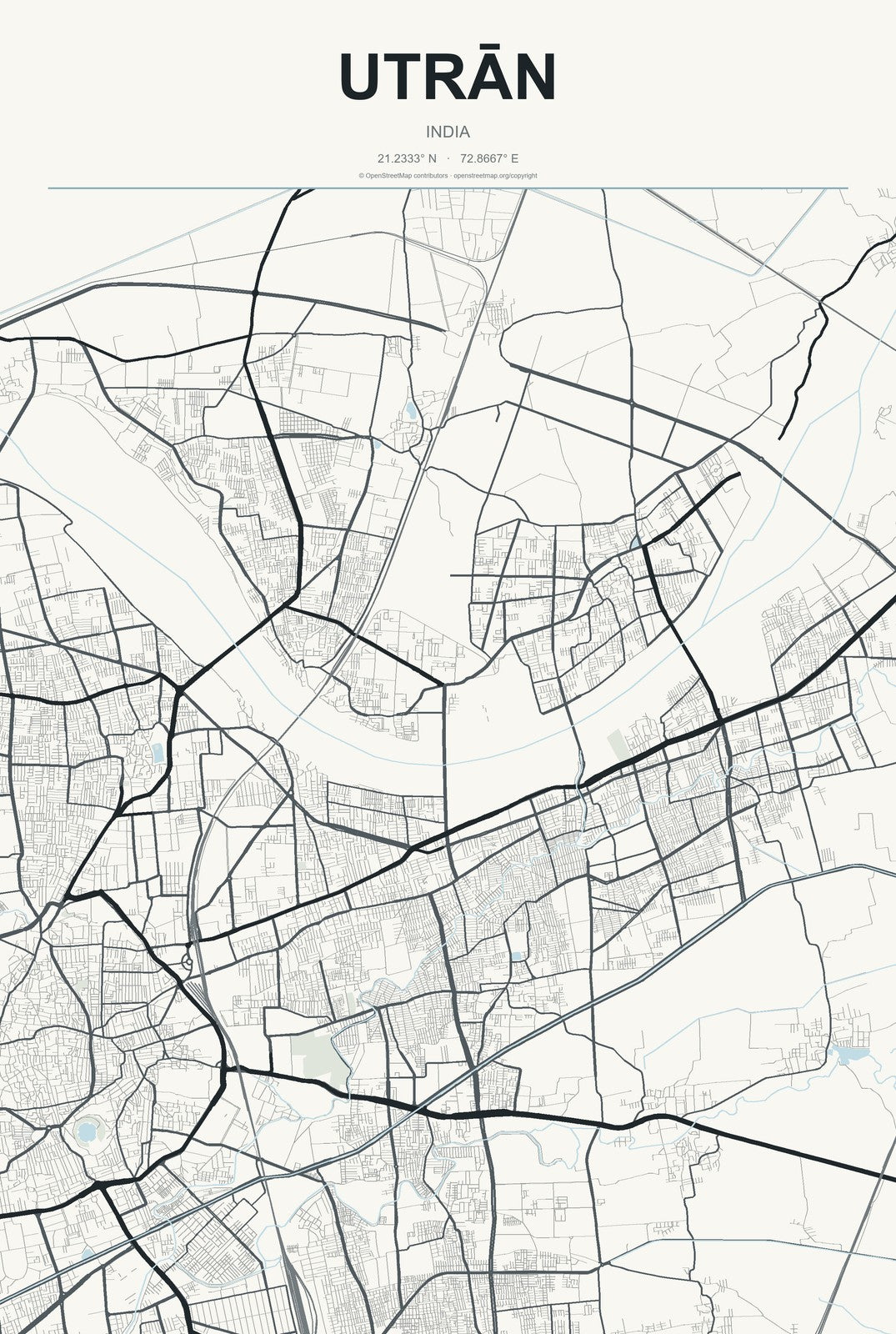 Utrān, India City Map Aluminum Sign in Headline Atlas style