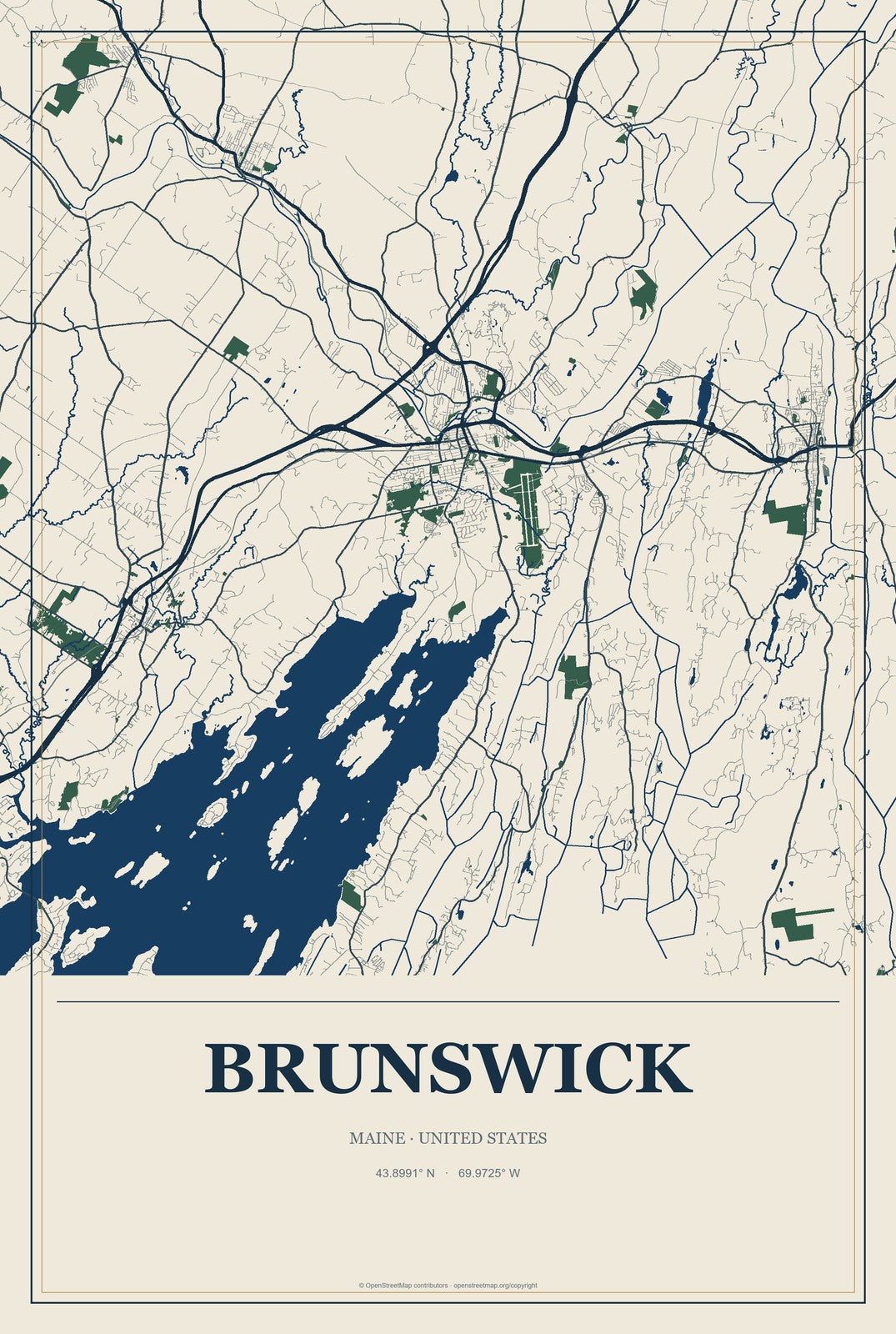 Brunswick, Maine City Map Aluminum Sign in Coastal Cutout style
