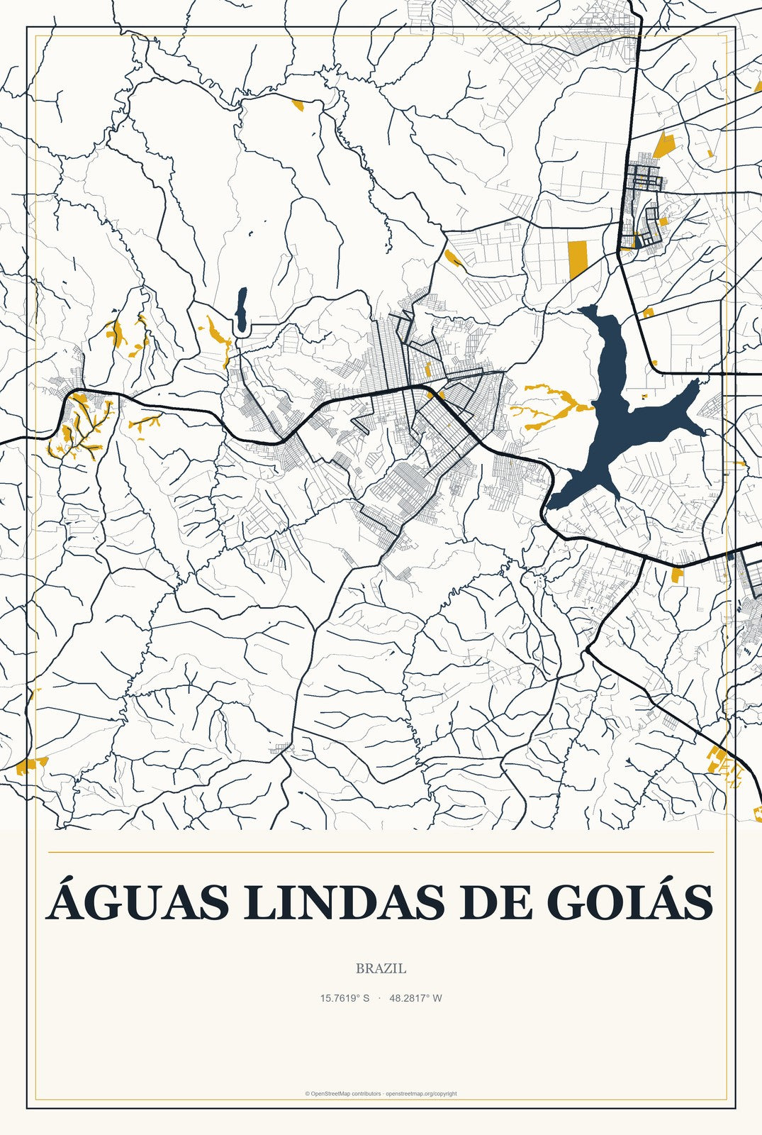 Águas Lindas de Goiás, Brazil City Map Aluminum Sign in Citrine Modern style