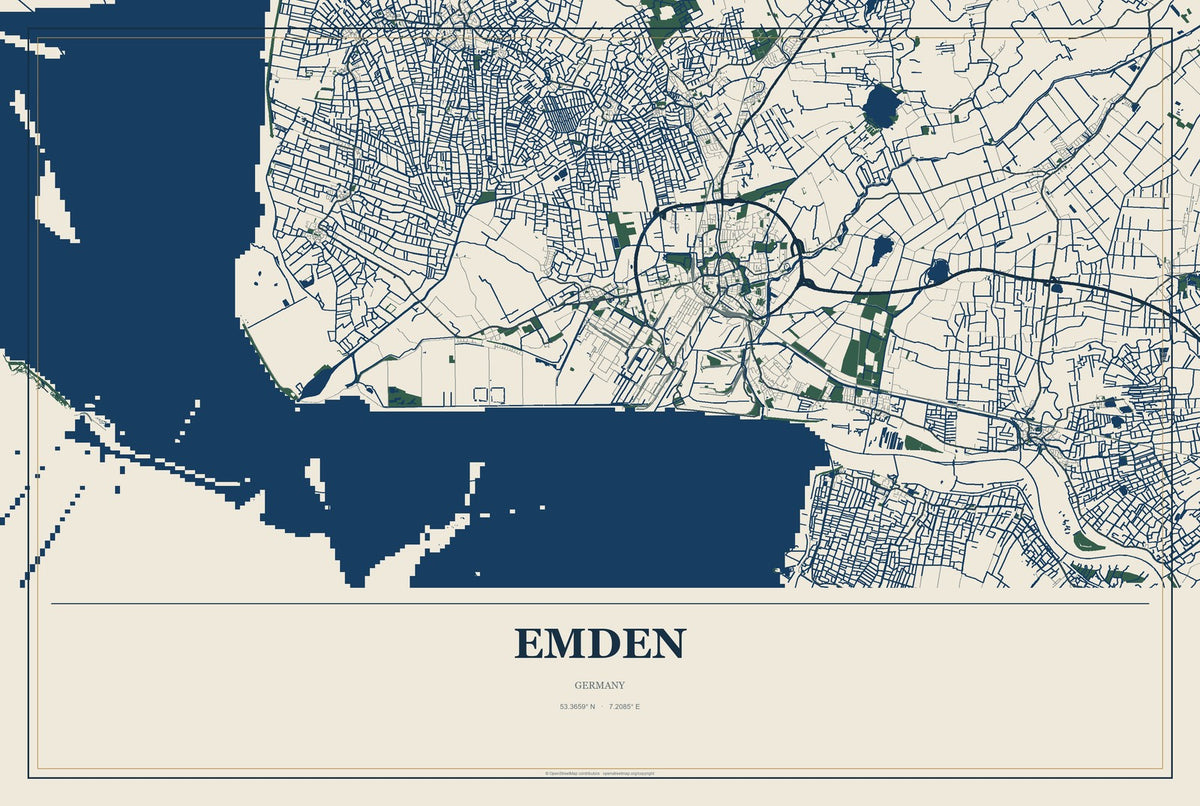 Emden, Germany City Map Aluminum Sign in Coastal Cutout style