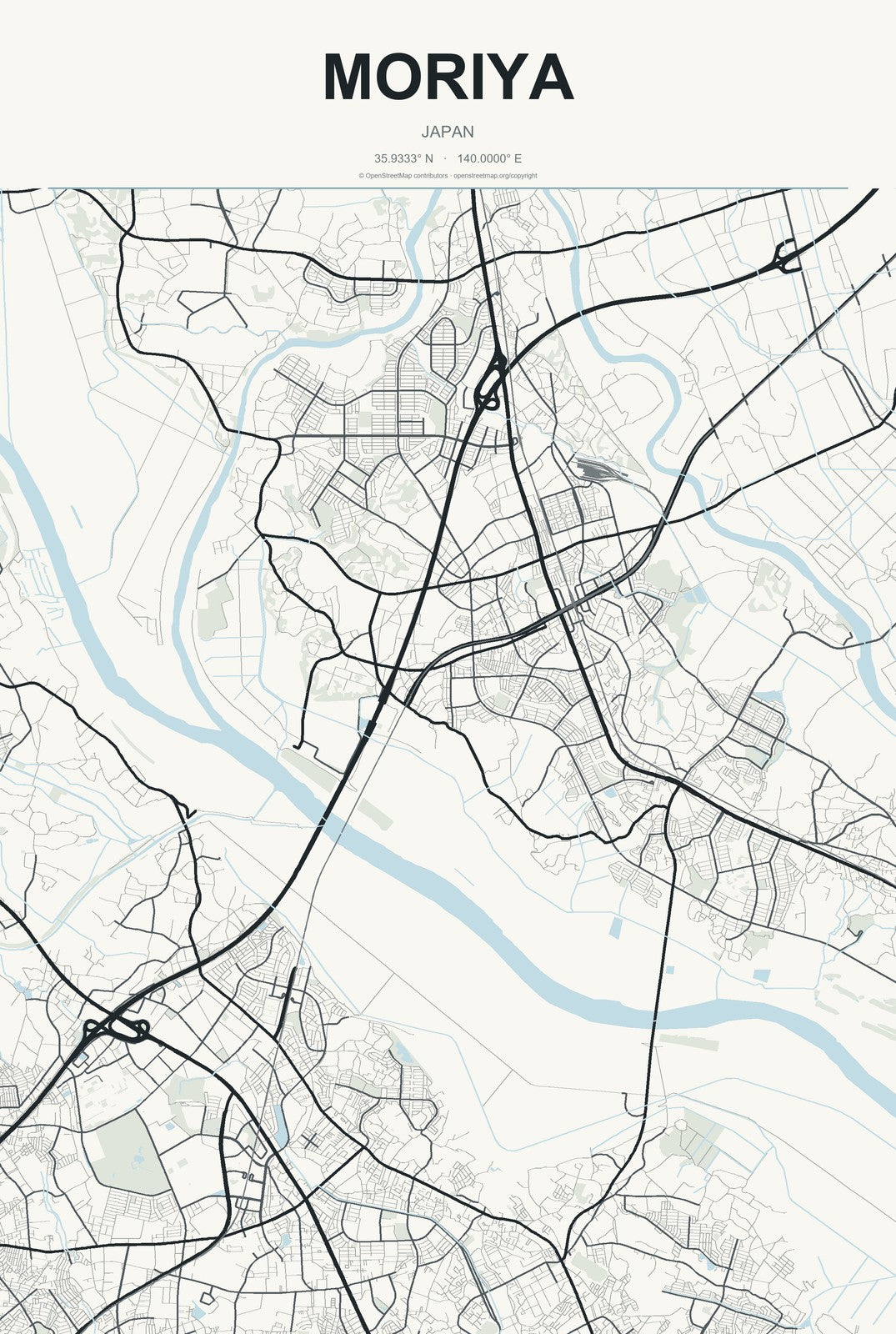 Moriya, Japan City Map Aluminum Sign in Headline Atlas style