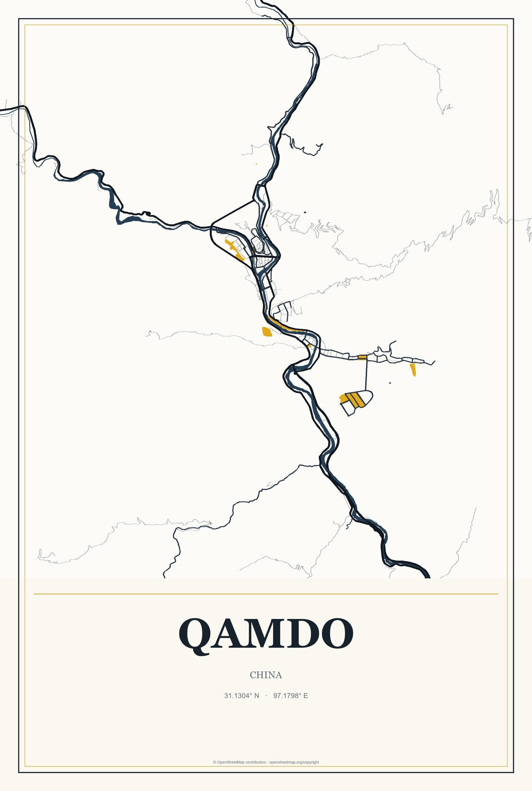 Qamdo, China City Map Aluminum Sign in Citrine Modern style