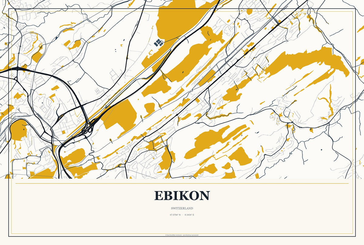 Ebikon, Switzerland City Map Aluminum Sign in Citrine Modern style
