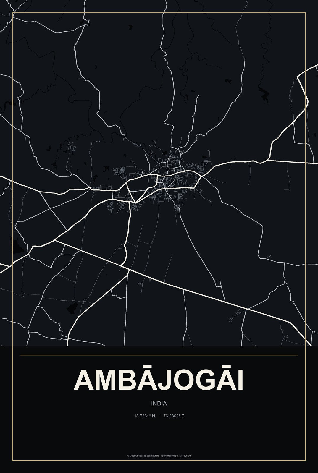 Ambājogāi, India City Map Aluminum Sign in Metropolitan Noir style