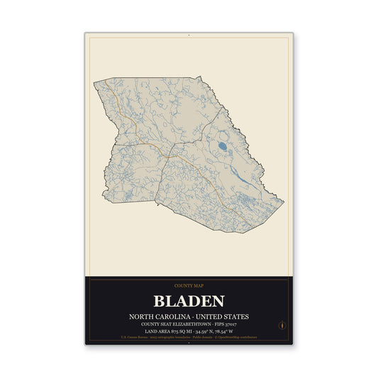 Bladen County, North Carolina Map Aluminum Sign in Museum Plaque style