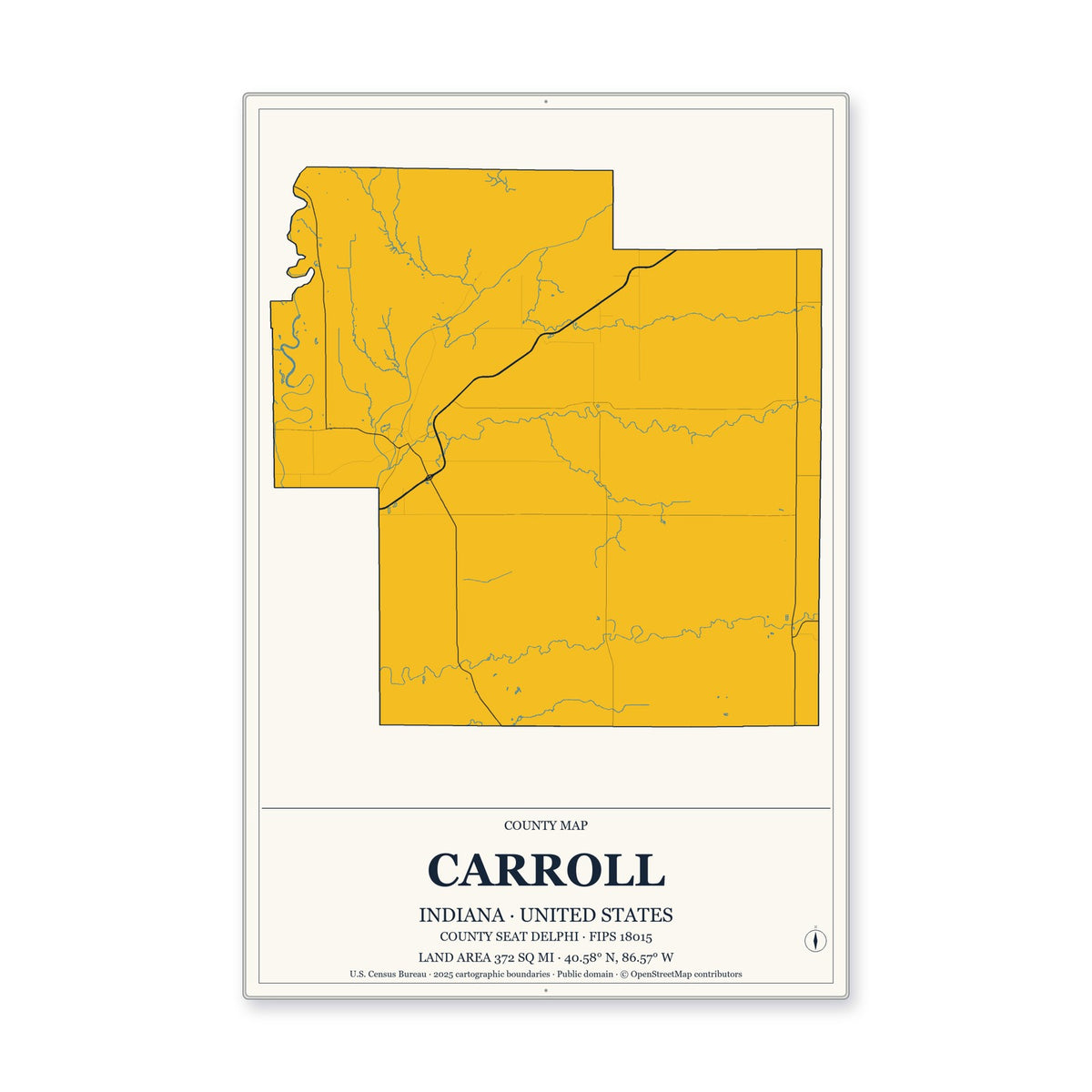 Carroll County, Indiana Map Aluminum Sign in Citrine Modern style
