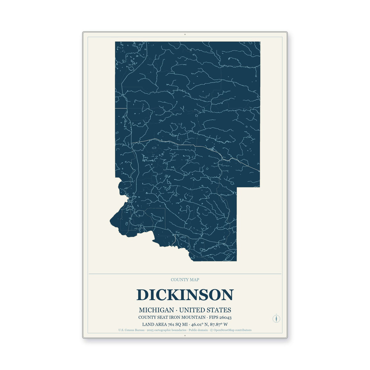 Dickinson County, Michigan Map Aluminum Sign in Coastal Cutout style
