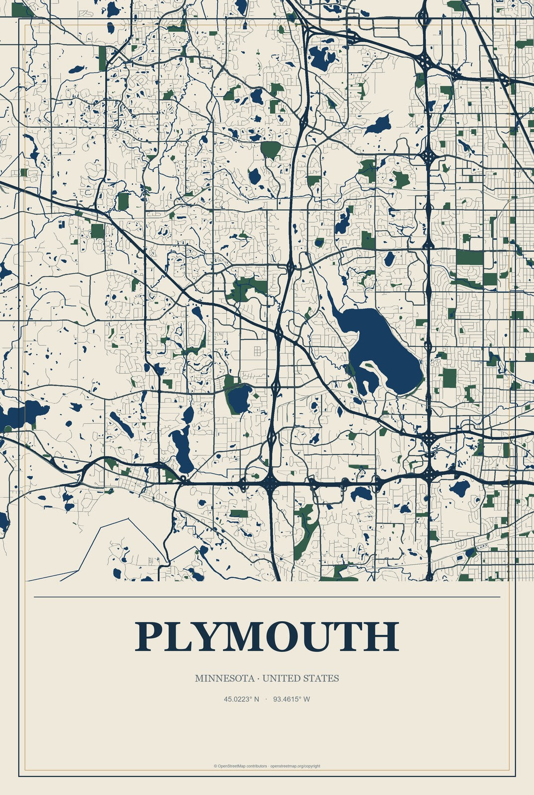 Plymouth, Minnesota City Map Aluminum Sign in Coastal Cutout style