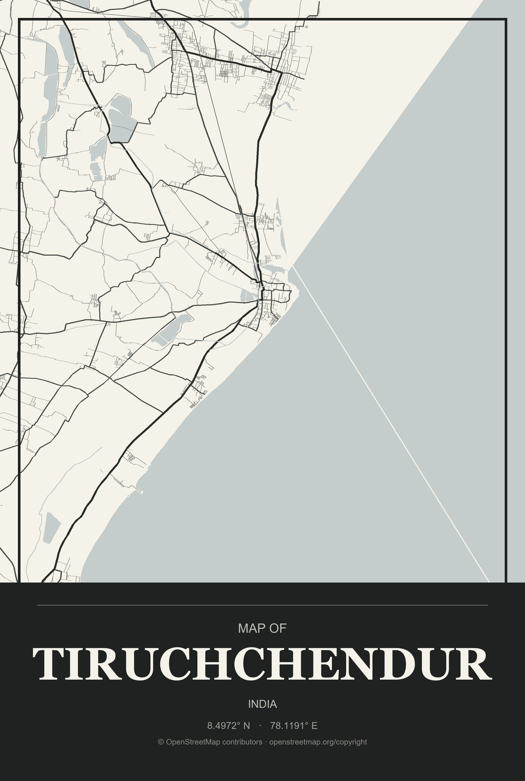 Tiruchchendur, India City Map Aluminum Sign in Museum Plaque style