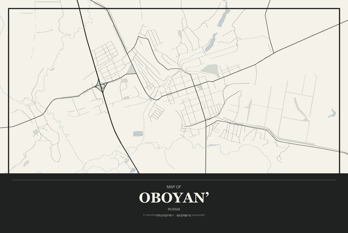 Oboyan’, Russia City Map Aluminum Sign in Museum Plaque style