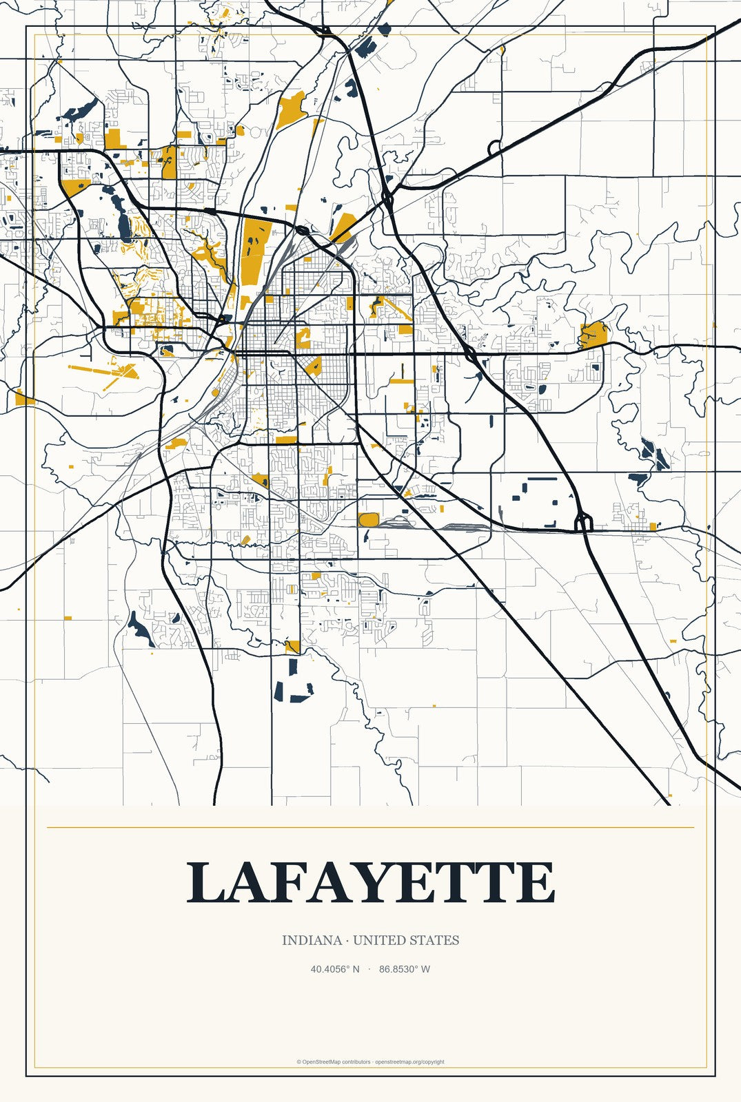 Lafayette, Indiana City Map Aluminum Sign in Citrine Modern style