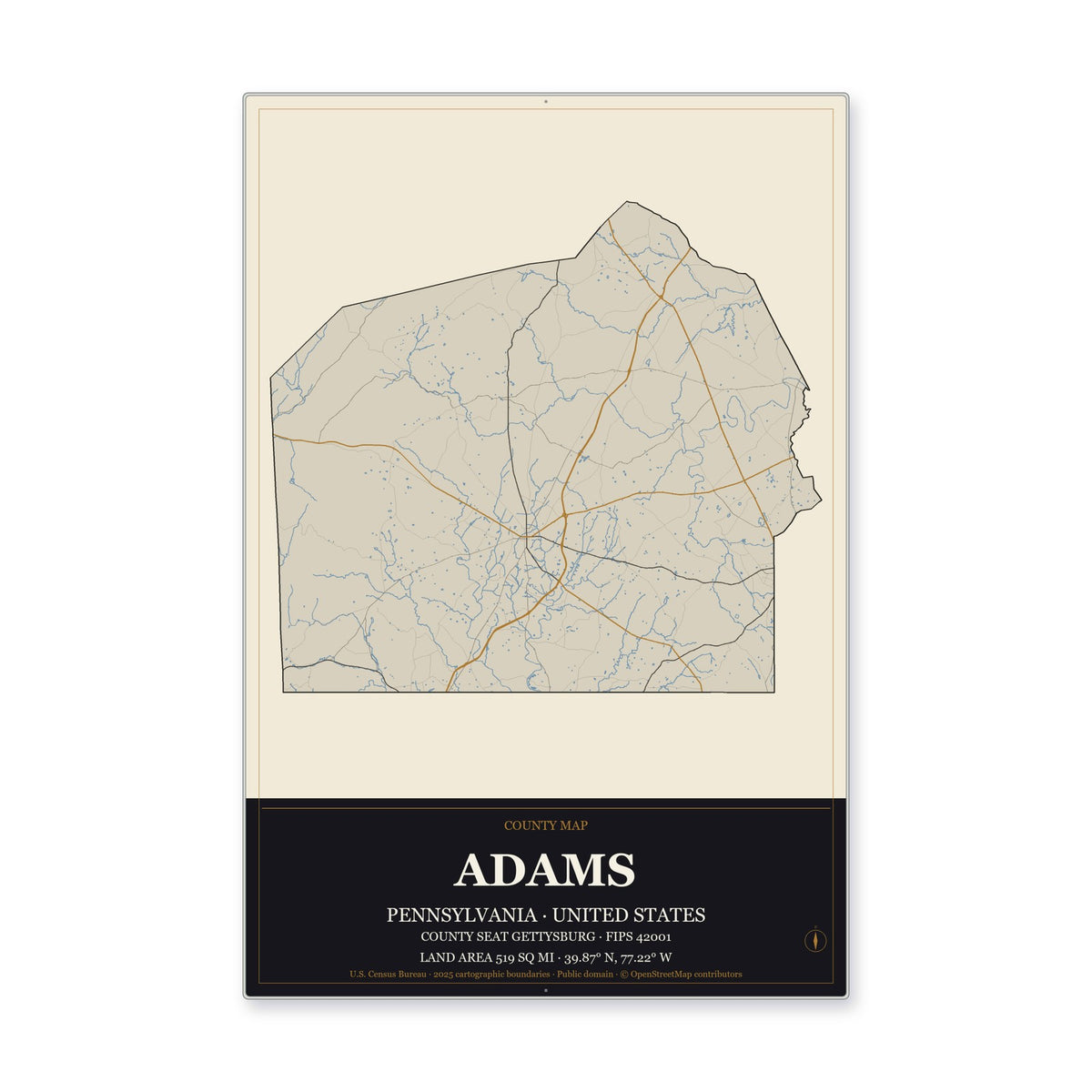 Adams County, Pennsylvania Map Aluminum Sign in Museum Plaque style