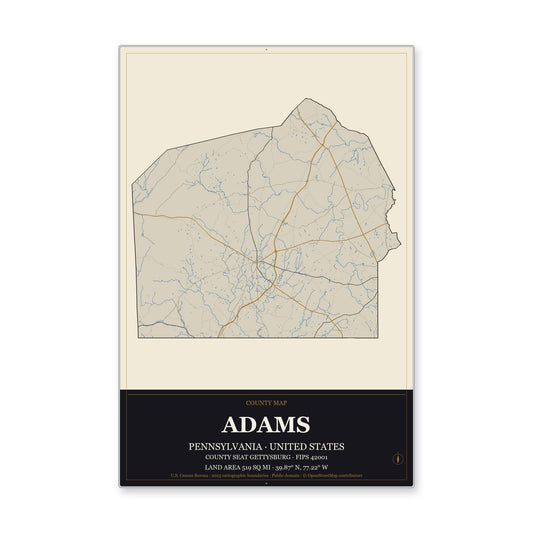 Adams County, Pennsylvania Map Aluminum Sign in Museum Plaque style