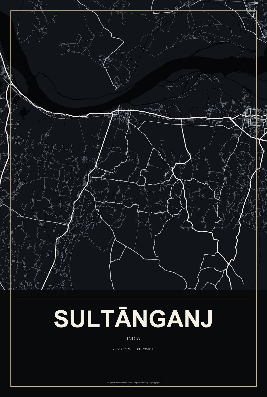 Sultānganj, India City Map Aluminum Sign in Metropolitan Noir style