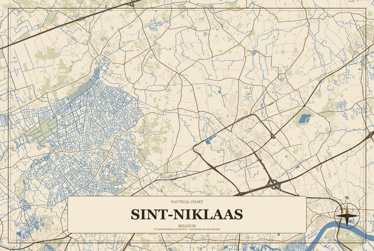Sint-Niklaas, Belgium City Map Aluminum Sign in Heritage Nautical style
