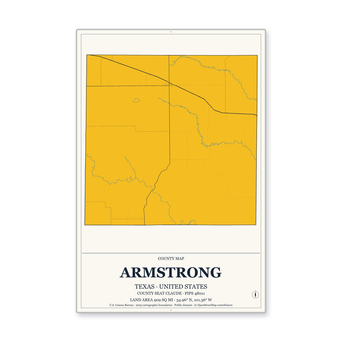 Armstrong County, Texas Map Aluminum Sign in Citrine Modern style